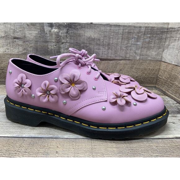 DR MARTENS 1461 FLWR CHUNKY HEELS PINK SHOES WITH FLOWERS Women Sz 11 Preowned - Picture 1 of 12